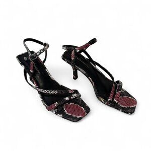 Black and burgundy snakeskin mini heels